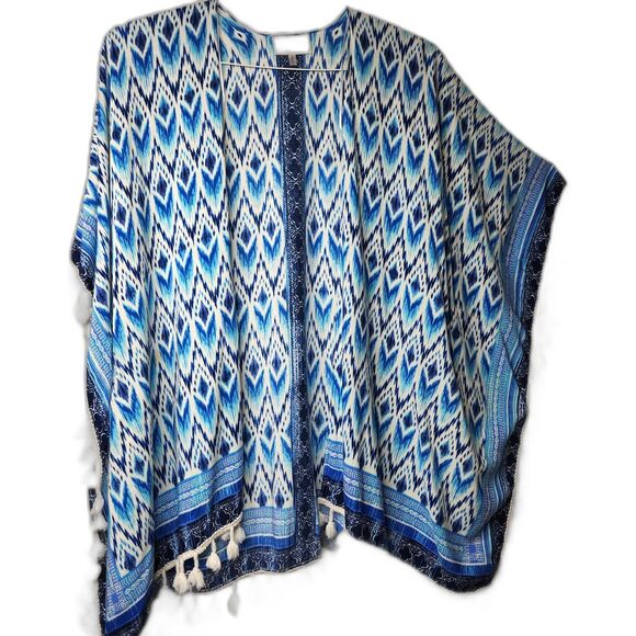 Vintage Bobbie Brooks Woman's Kimono Duster Cover Up Aztec Southwest Blue Cotton - Picture 3 of 9